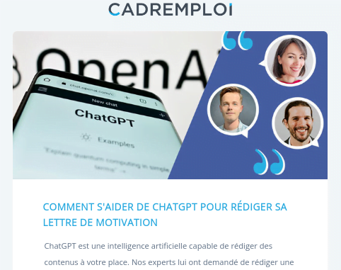 Un article de Cadremploi qui titre "comment s'aider de ChatGPT pour rédiger sa lettre de motivation"
