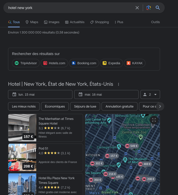 Capture d'écran de google Search quand on cherche un hotel