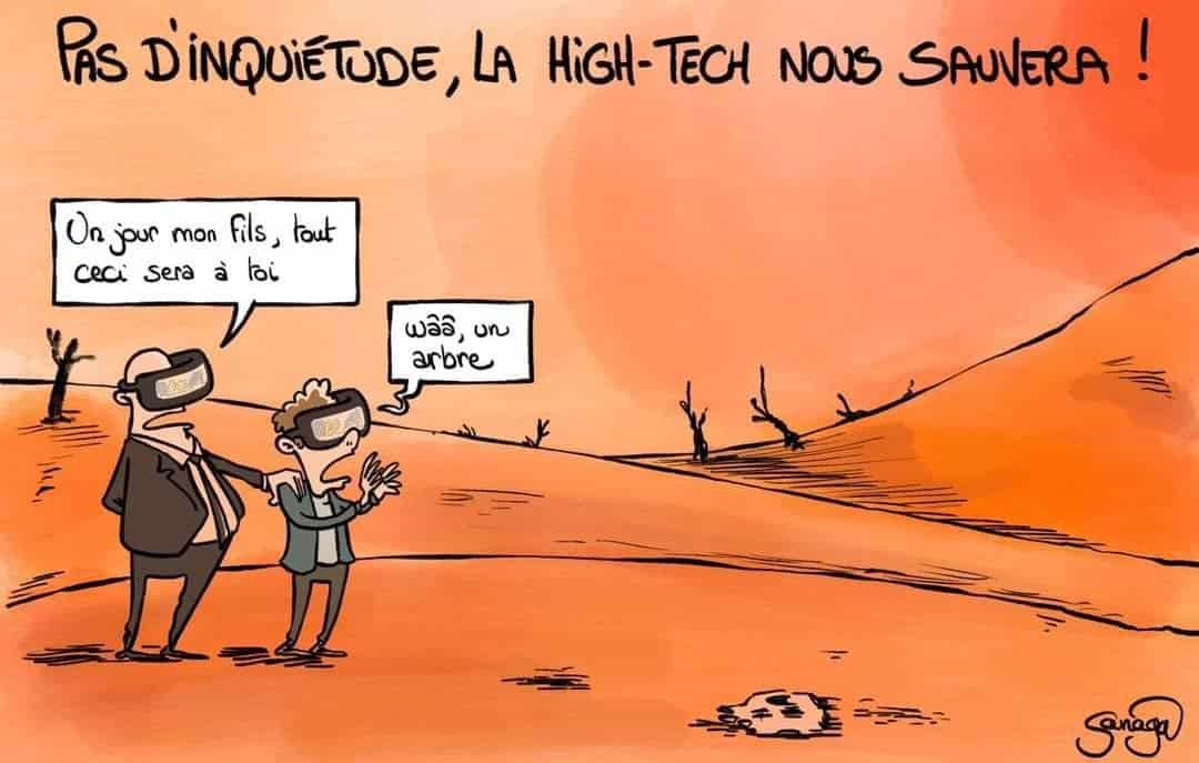Un père et son fils devant un paysage désolé. « Un jour, mon fils tout ceci sera à toi » [les deux ont des lunettes de réalité augmentée]