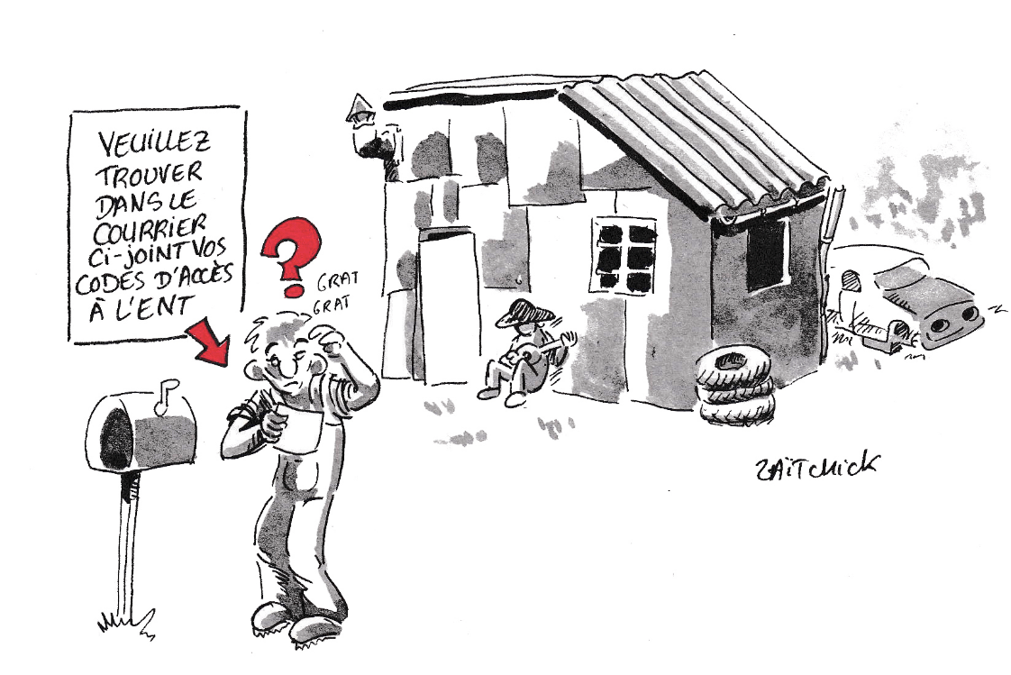 Dessin illustrant un citoyen visiblement rural, recevant comme courrier « Veuillez trouver dans le courrier ci-joint vos codes d'accès à l'ENT [Environnement numérique de travail] »