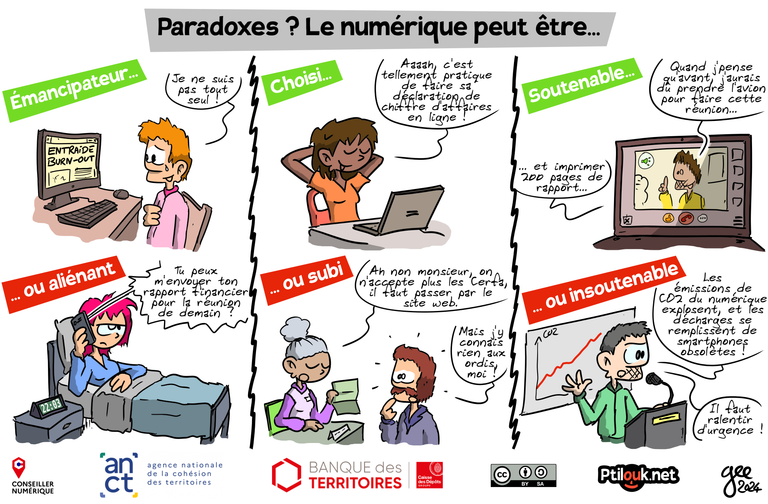 Paradoxes ? Le numérique peut être émancipateur ou aliénant. D'un côté, un homme lit « entraide burn-out » sur son ordinateur et dit :« Je ne suis pas tout seul ! » De l'autre, une femme reçoit un appel dans son lit à 22h03 : « Tu peux m'envoyer ton rapport financier pour la réunion de demain ? » Le numérique peut être choisi ou subi. D'un côté, une femme derrière son PC : « Aaaah, c'est tellement pratique de faire sa déclaration de chiffre d'affaires en ligne ! » De l'autre,une guichetière dit à un visiteur : « Ah non monsieur, on n'accepte plus les Cerfa, il faut passer par le site web. » L'homme : « Mais j'y connais rien aux ordis, moi ! » Le numérique peut être soutenable ou insoutenable. D'un côté, une visio où un homme remarque : « Quand j'pense qu'avant, j'aurais dû prendre l'avion pour faire cette réunion… et imprimer 200 pages de rapport… » De l'autre, une conférence sur le CO2 où un scientifique dit : « Les émissions de CO2 du numérique explosent, et les décharges se remplissent de smartphones obsolètes ! Il faut ralentir d'urgence ! »