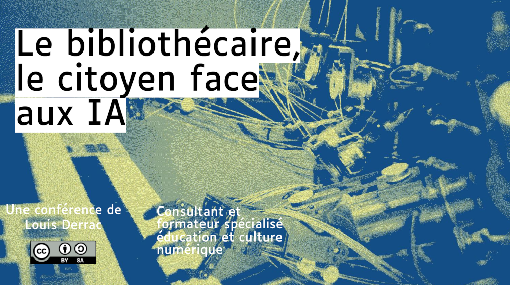 Diapo d'intro de ma conférence, titrant "le bibliothécaire, le citoyen face aux IA". En fond, un robot qui joue du piano