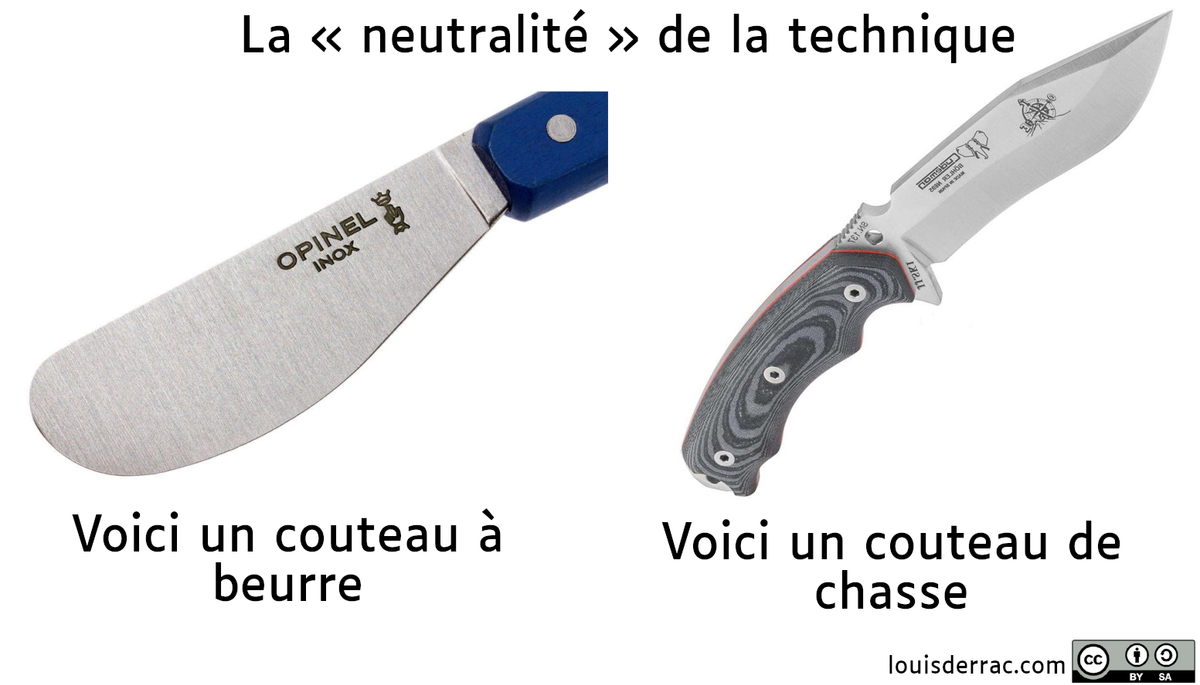 Titre : la « neutralité de la technique ». A gauche, un couteau à beurre. A droite un couteau de chasse
