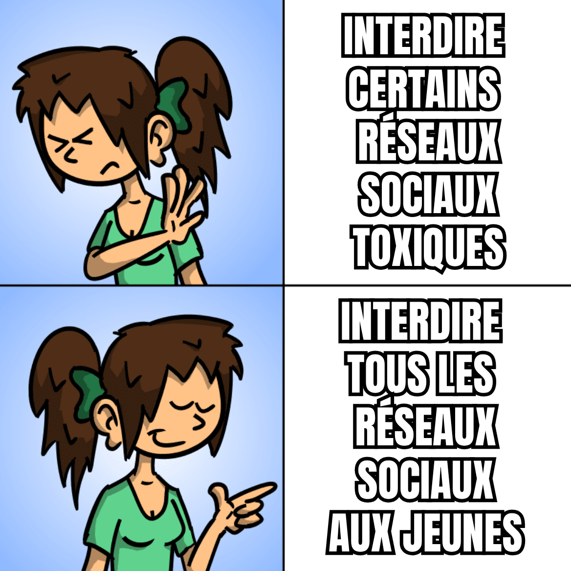 Meme type « Drake don't like / like » avec en haut « Interdire certains réseaux sociaux toxiques » et en bas « Interdire tous les réseaux sociaux aux jeunes »