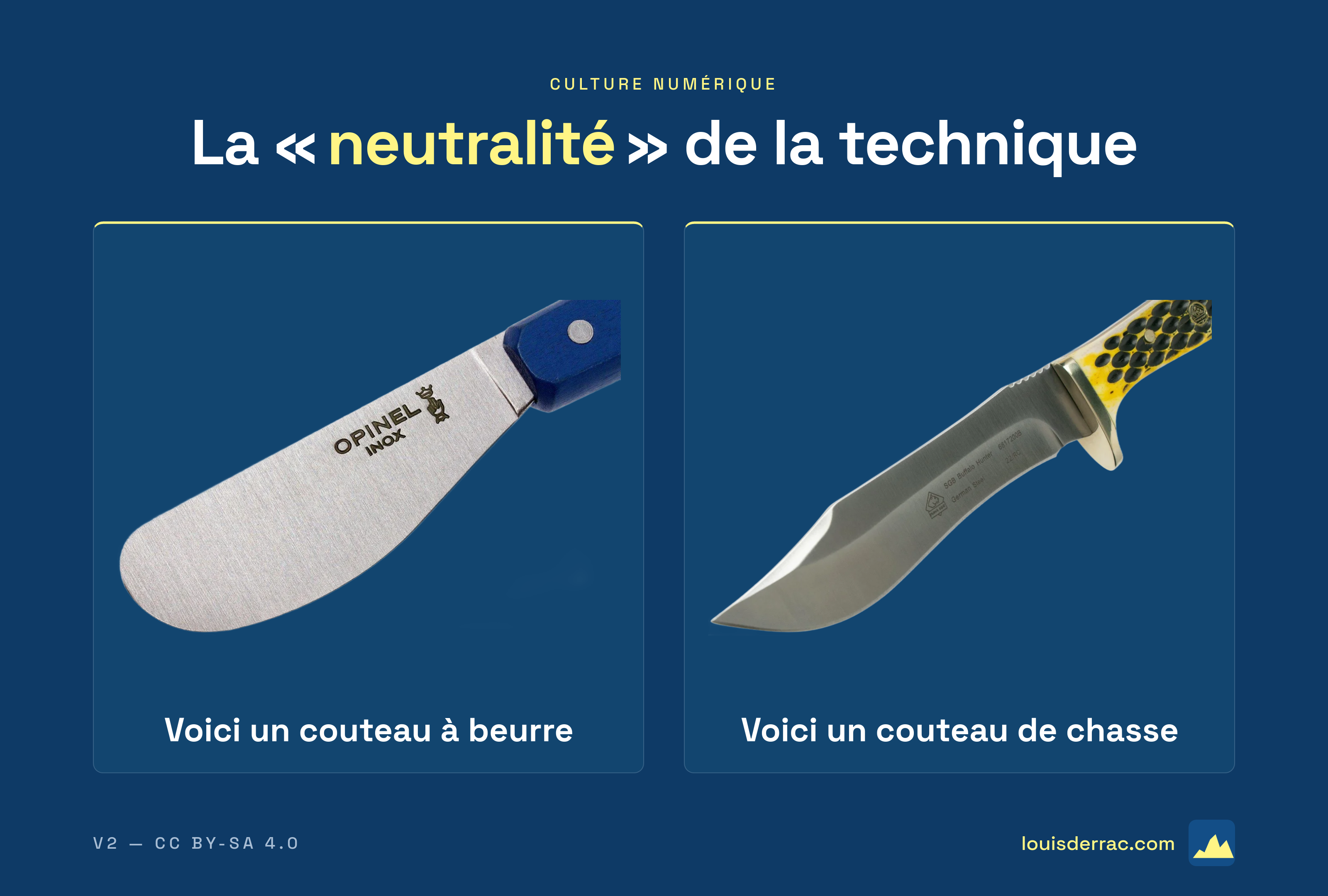 Infographie intitulée « La neutralité de la technique ». Elle compare deux couteaux pour illustrer que la technologie n'est pas neutre. À gauche, un couteau à beurre rond et inoffensif. À droite, un couteau de chasse effilé et dangereux.