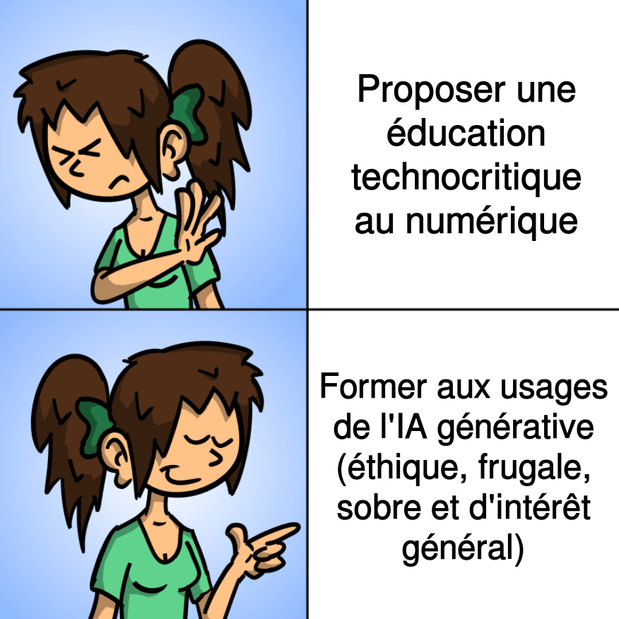 Basé sur le Mème original : Drake don't like / like. En haut : Proposer une éducation technocritique au numérique. En bas : Former à l'IA générative (éthique, frugale, sobre et d'intérêt général)